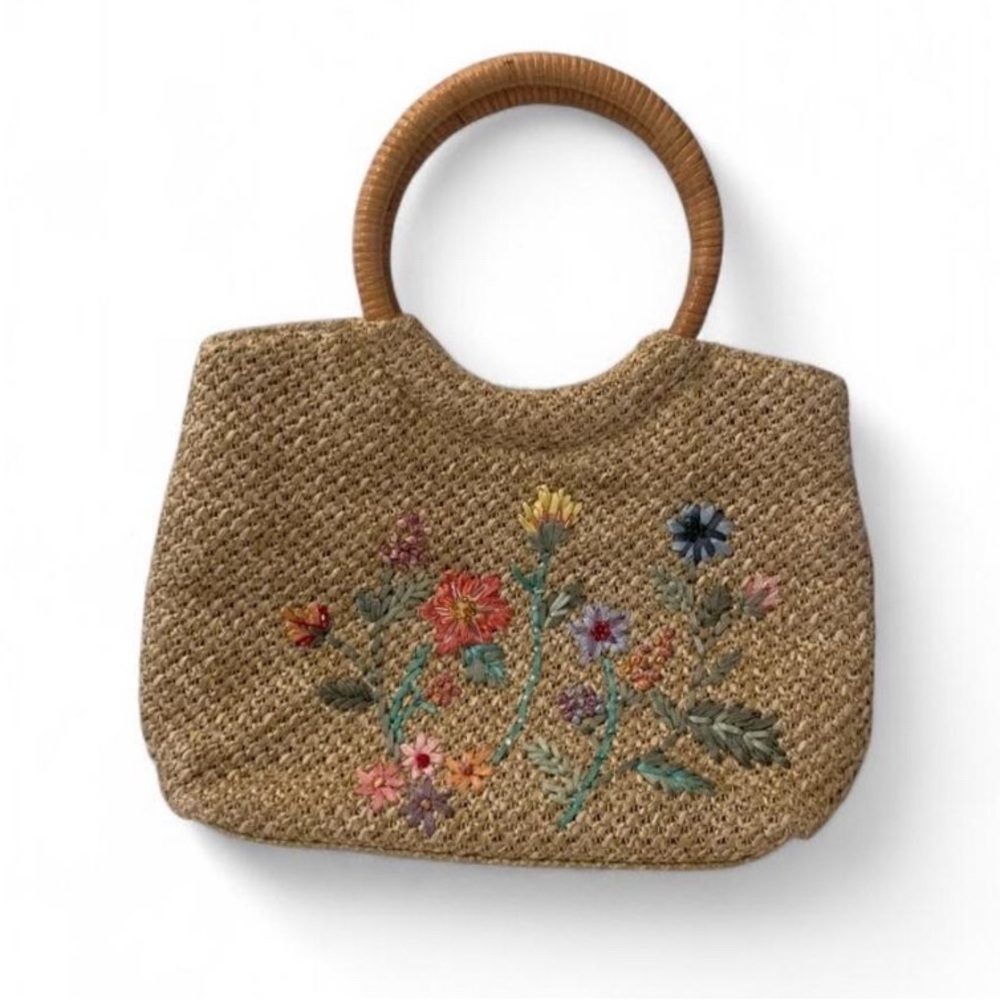 Vintage Boho Cottagecore Floral Straw Tote Bag Wooden Handles OS